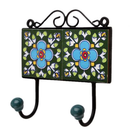 Green Floral Ceramic Tiles Hooks-462 (Set Of Ine Piece)